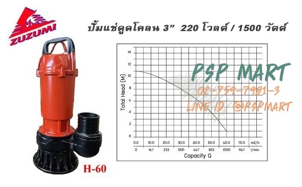ปั้มแช่ดูดโคลน ZUZUMI  H-60 ท่อส่ง3 นิ้ว 220V/1500 W