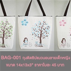 Bag-001 ถุงผ้าดิบติดซิปลายเด็กหญิง "Happy Earth รักษ์โลก"