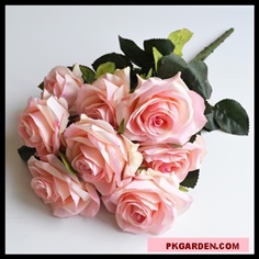 (ดอกไม้ปลอม)ดอกกุหลาบสีชมพูอ่อนช่อ 10 ดอกราคาถูกคุณภาพดี