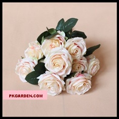 (ดอกไม้ปลอม)ดอกกุหลาบสีครีมชมพูช่อ 10 ดอกราคาถูกคุณภาพดี