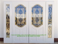 ประตูไม้สักกระจกนิรภัยบานเปิด ชุด4ชิ้น SW5-8 กระจกสีน้ำเงิน