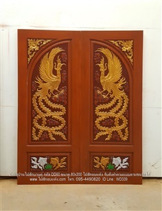 ประตูบ้านไม้สักบานคู่ รหัส DD60 ลายหงส์คู่เเละปลาเงินปลาทอง