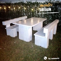 ชุดโต๊ะปูนลายไม้แบบพนักพิง รุ่น Montri2023 สีขาว | มนตรีศิลป์ - ลาดกระบัง กรุงเทพมหานคร