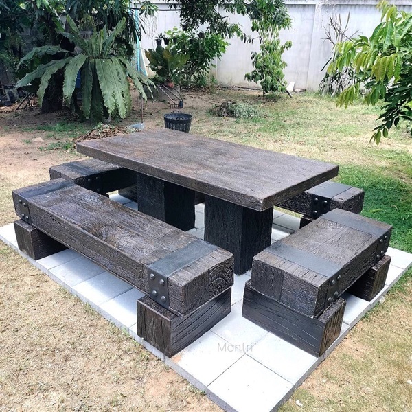 ชุดโต๊ะสนามปูนลายไม้  ขนาด 180*90 cm. | มนตรีศิลป์ - ลาดกระบัง กรุงเทพมหานคร