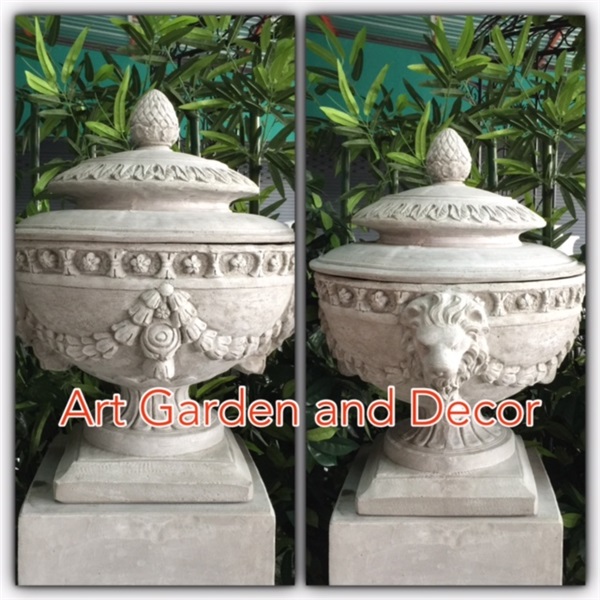 SP-0021 หม้อติดมาลัยมีฝาติดสิงห์ หินทราย (ก67ส70) | Art Garden and Decor - บางใหญ่ นนทบุรี