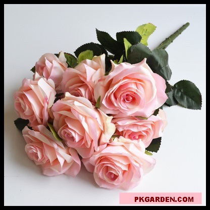 (ดอกไม้ปลอม)ดอกกุหลาบสีชมพูอ่อนช่อ 10 ดอกราคาถูกคุณภาพดี