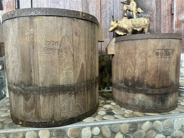 ถังข้าวสาร ถังตวงข้าว ถังไม้โบราณ มีที่จับด้านใน | ร้านวังโบราณ - บางบัวทอง นนทบุรี