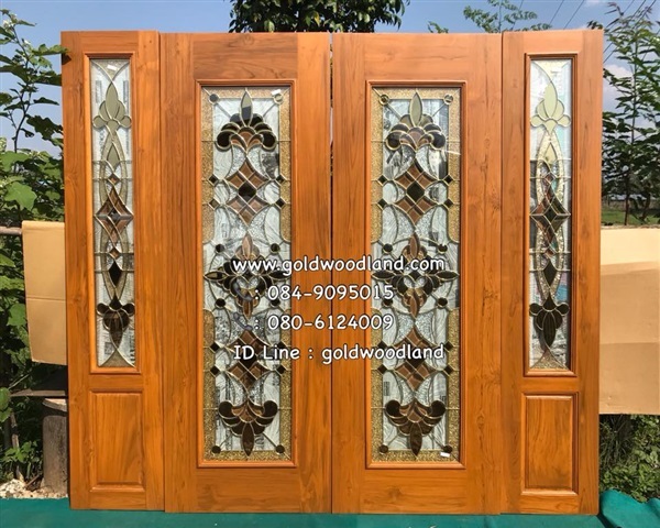 ประตูกระจกนิรภัยไม้สัก ประตูไม้สักทอง รหัส GBBB 118