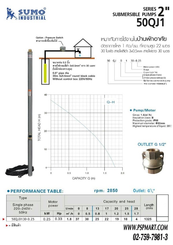 ปั๊มน้ำบาดาล 2 นิ้ว SUMO รุ่น 50QJD130-0.25 | พีเอสพี มาร์ท - เมืองสมุทรปราการ สมุทรปราการ