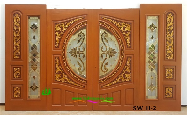 ประตูไม้สักกระจกนิรภัยบานเลื่อน ชุด4ชิ้น SW 11-2