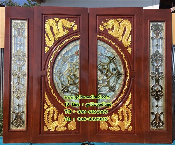 ประตูไม้สักกระจกนิรภัยมังกร&หงส์ | goldwoodland_โกลด์วู๊ดแลนด์ - สูงเม่น แพร่