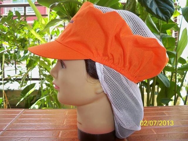 หมวกโรงงาน หมวกเก็บผม หมวกตาข่ายบน เสริมตาข่ายท้ายทอย สีส้ม