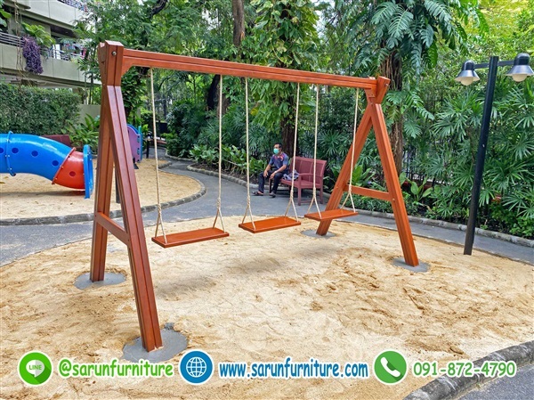 ชิงช้าสนามเด็กเล่นไม้เต็งที่นั่งชิงช้าแขวนเชือก 3 ที่นั่ง | Sarunfurniture - หนองเสือ ปทุมธานี