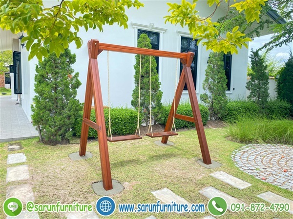 ชิงช้าเสาไม้เต็งสนามเด็กเล่นแขวนเชือก 2 ที่นั่ง พร้อมติดตั้ง | Sarunfurniture - หนองเสือ ปทุมธานี